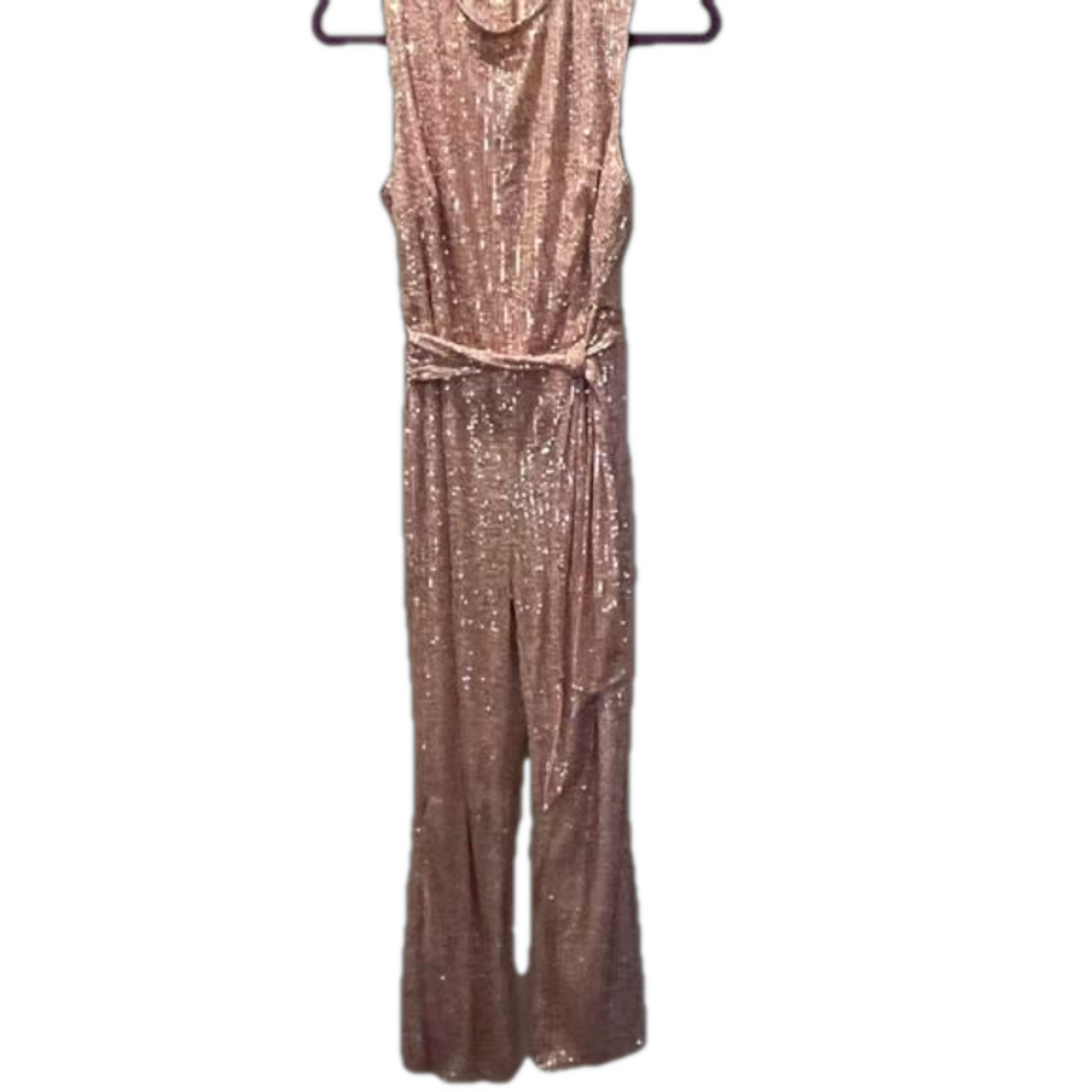 Ladies lined Jumpsuit Bronze color flare legs w/ tie sash - Picture 3 of 15